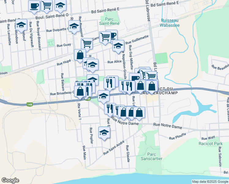 map of restaurants, bars, coffee shops, grocery stores, and more near 275 Boulevard Maloney Est in Gatineau