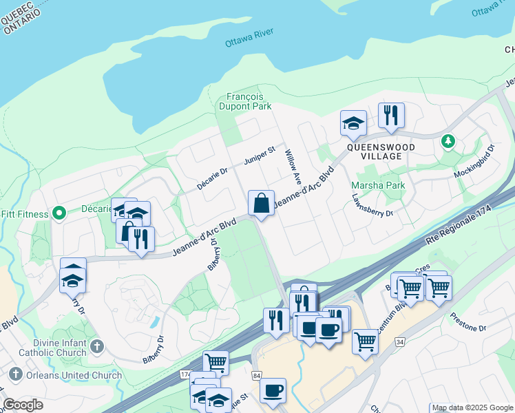 map of restaurants, bars, coffee shops, grocery stores, and more near 839 Champlain Street in Ottawa