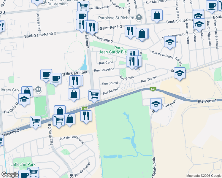 map of restaurants, bars, coffee shops, grocery stores, and more near 658 Rue Asselin in Gatineau