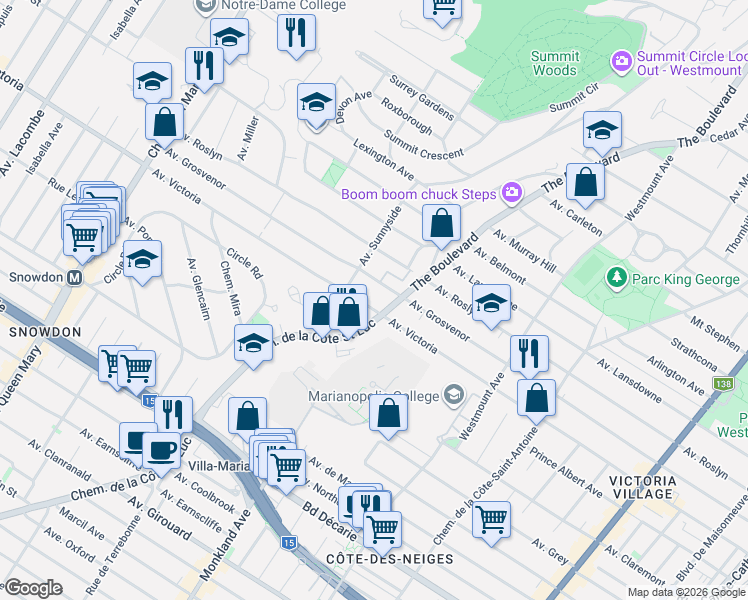 map of restaurants, bars, coffee shops, grocery stores, and more near 691 Avenue Victoria in Westmount