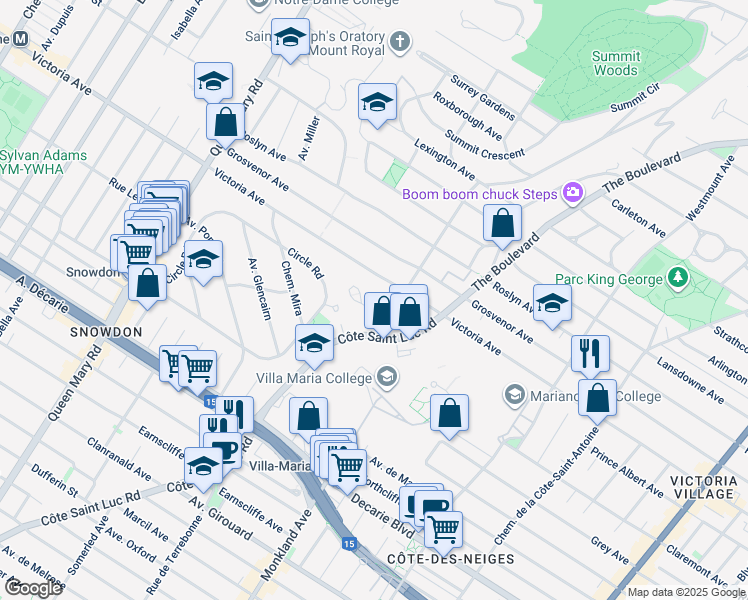 map of restaurants, bars, coffee shops, grocery stores, and more near 4655 Avenue Bonavista in Montréal