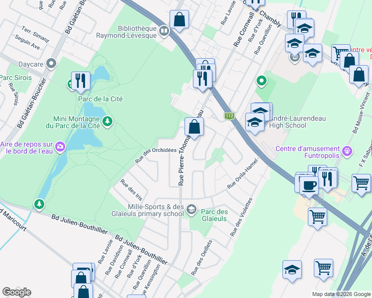 map of restaurants, bars, coffee shops, grocery stores, and more near 3225 Rue Pierre-Thomas-Hurteau in Longueuil
