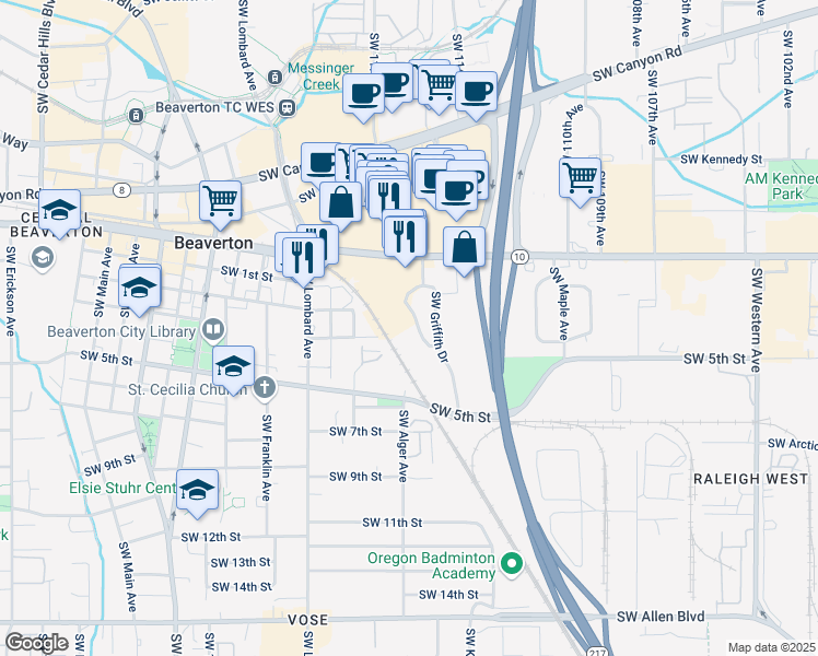 map of restaurants, bars, coffee shops, grocery stores, and more near 4905 Southwest Griffith Drive in Beaverton
