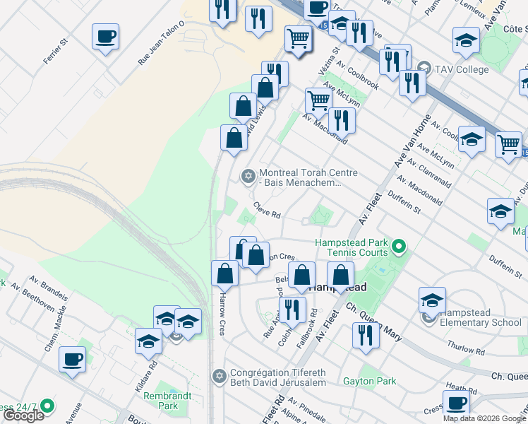 map of restaurants, bars, coffee shops, grocery stores, and more near 73 Cleve Street in Hampstead