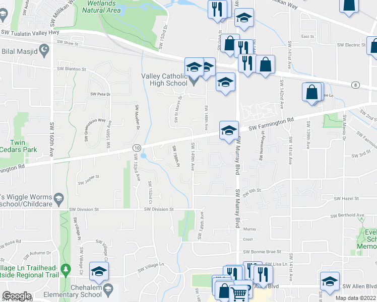 map of restaurants, bars, coffee shops, grocery stores, and more near 4875 Southwest 149th Avenue in Beaverton