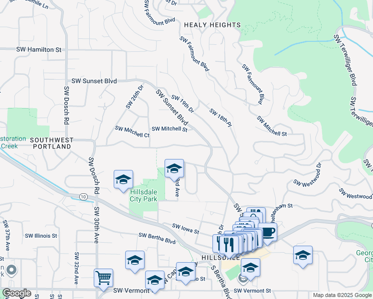 map of restaurants, bars, coffee shops, grocery stores, and more near 2210 Southwest Boundary Street in Portland