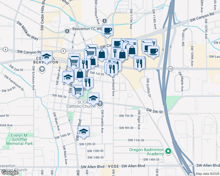 map of restaurants, bars, coffee shops, grocery stores, and more near in Beaverton