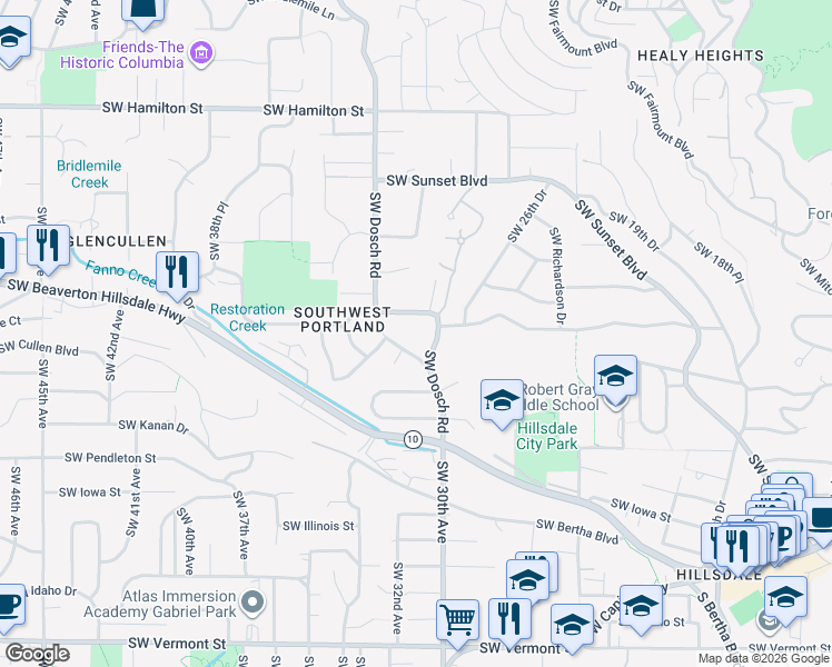 map of restaurants, bars, coffee shops, grocery stores, and more near 5249 Southwest Dosch Road in Portland