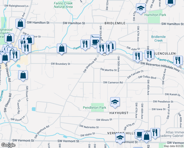 map of restaurants, bars, coffee shops, grocery stores, and more near 5431 Southwest 54th Avenue in Portland