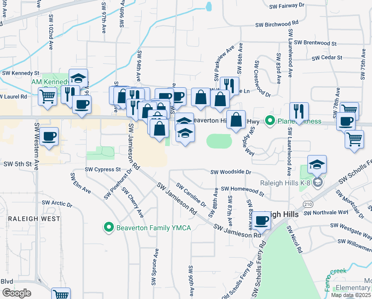 map of restaurants, bars, coffee shops, grocery stores, and more near 9020 Southwest Beaverton Hillsdale Highway in Portland