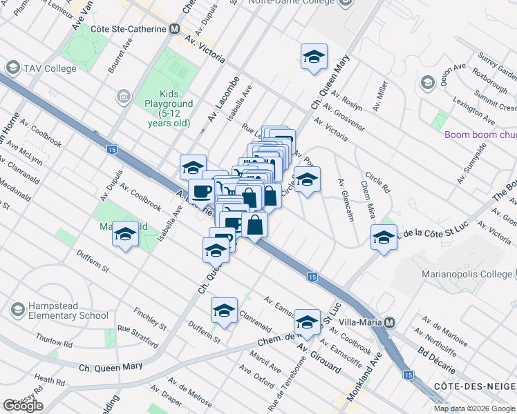 map of restaurants, bars, coffee shops, grocery stores, and more near 5204 Chemin Queen Mary in Montréal