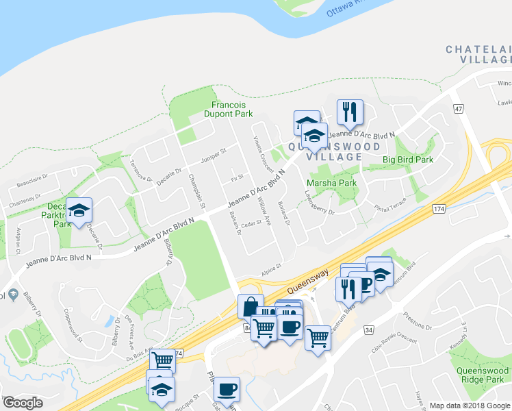 map of restaurants, bars, coffee shops, grocery stores, and more near 846 Willow Avenue in Ottawa