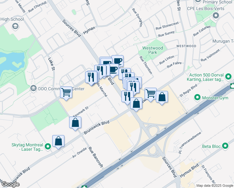 map of restaurants, bars, coffee shops, grocery stores, and more near 3366 Boulevard des Sources in Dollard-des-Ormeaux