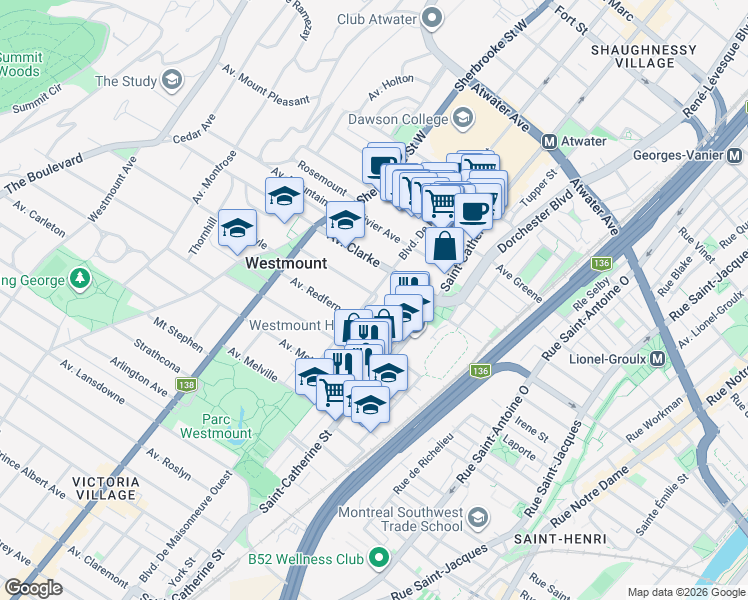 map of restaurants, bars, coffee shops, grocery stores, and more near 4300 Boulevard De Maisonneuve Ouest in Westmount