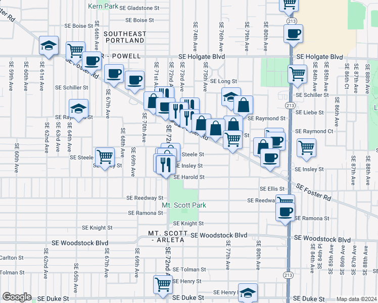 map of restaurants, bars, coffee shops, grocery stores, and more near 7317 Southeast Steele Street in Portland