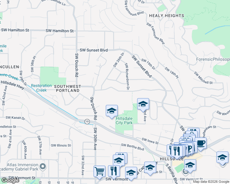 map of restaurants, bars, coffee shops, grocery stores, and more near 2640 Southwest Boundary Street in Portland