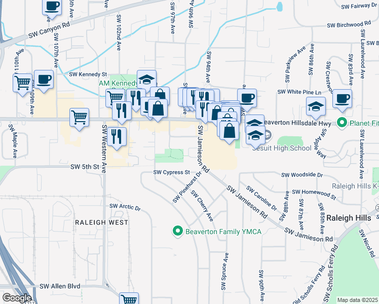 map of restaurants, bars, coffee shops, grocery stores, and more near 4925 Southwest Jamieson Road in Beaverton