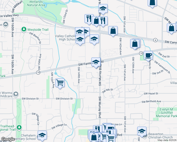 map of restaurants, bars, coffee shops, grocery stores, and more near 5005 Southwest Murray Boulevard in Beaverton