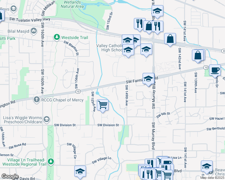 map of restaurants, bars, coffee shops, grocery stores, and more near 4880 Southwest 150th Place in Beaverton