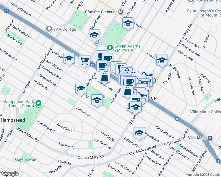 map of restaurants, bars, coffee shops, grocery stores, and more near Avenue Coolbrook in Montréal