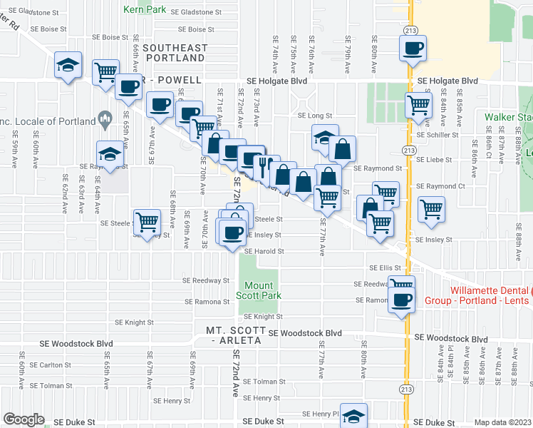 map of restaurants, bars, coffee shops, grocery stores, and more near 7317 Southeast Steele Street in Portland