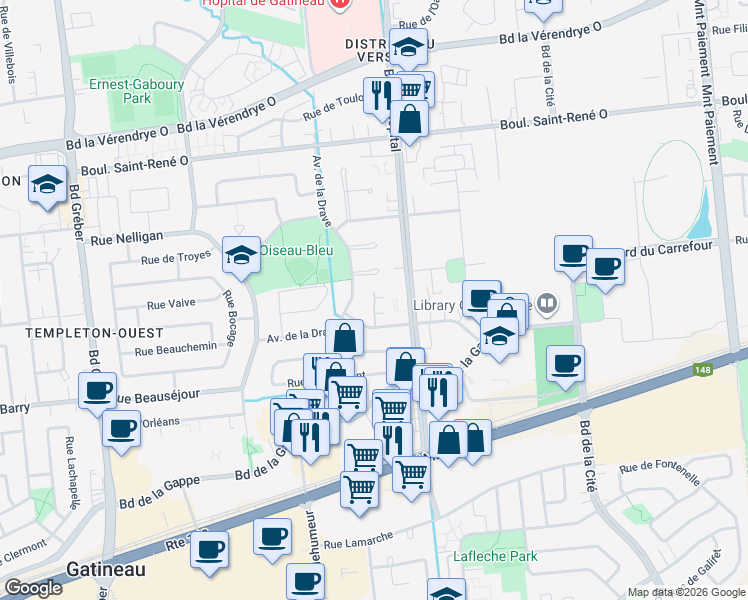 map of restaurants, bars, coffee shops, grocery stores, and more near 16 Rue de Laterrière in Gatineau