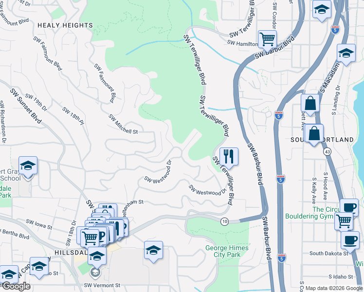map of restaurants, bars, coffee shops, grocery stores, and more near 1035 Southwest Westwood Drive in Portland