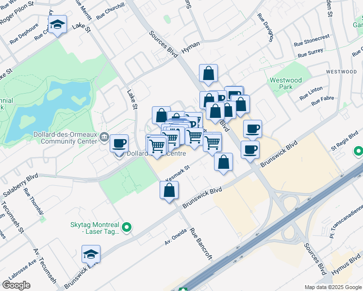 map of restaurants, bars, coffee shops, grocery stores, and more near in Dollard-Des Ormeaux