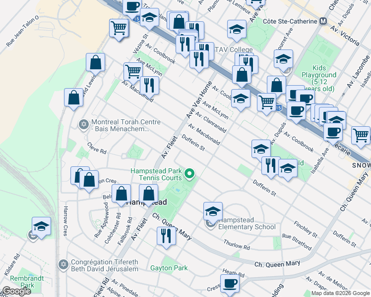 map of restaurants, bars, coffee shops, grocery stores, and more near 149 Rue Finchley in Hampstead