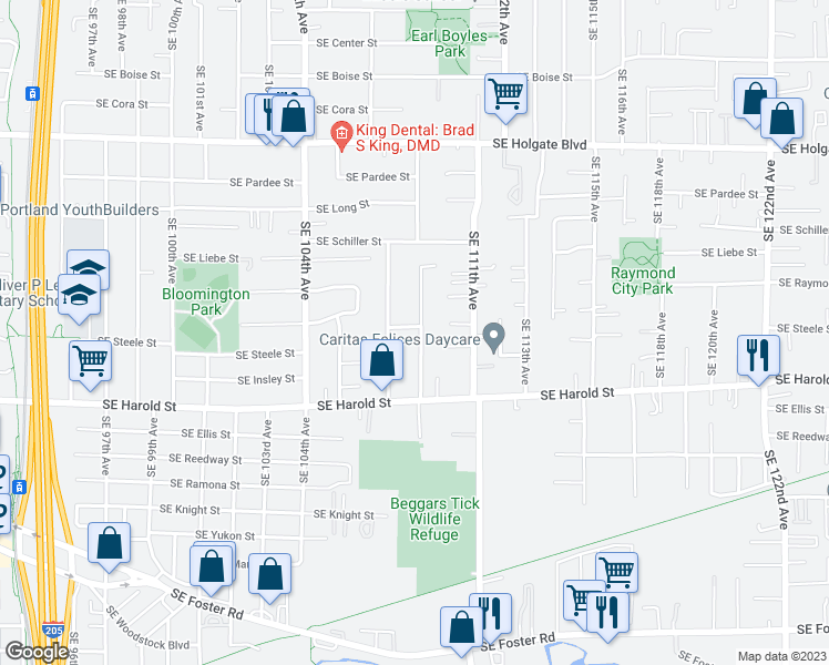 map of restaurants, bars, coffee shops, grocery stores, and more near 5207 Southeast 109th Avenue in Portland