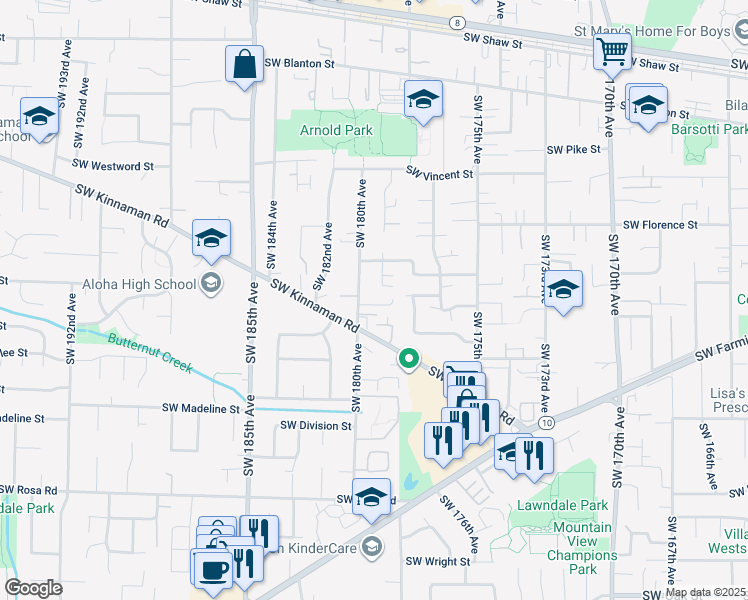 map of restaurants, bars, coffee shops, grocery stores, and more near 17939 Southwest Meadowbrook Way in Beaverton