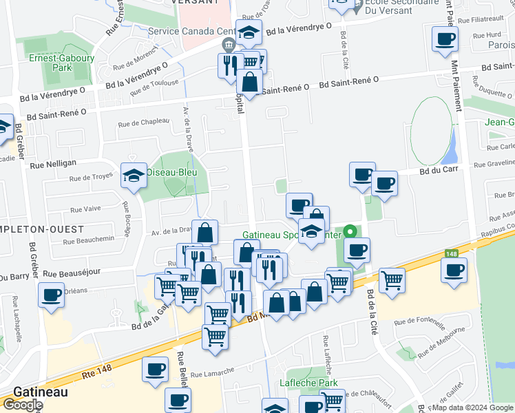 map of restaurants, bars, coffee shops, grocery stores, and more near 220 Boulevard de l'Hôpital in Gatineau