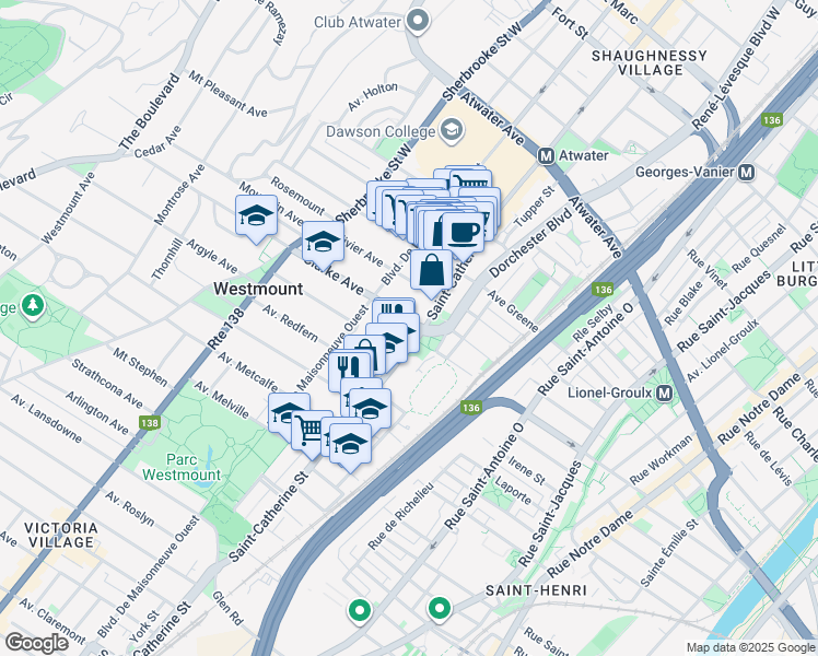 map of restaurants, bars, coffee shops, grocery stores, and more near 250 Avenue Clarke in Westmount