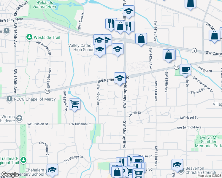 map of restaurants, bars, coffee shops, grocery stores, and more near 5005 Southwest Murray Boulevard in Beaverton