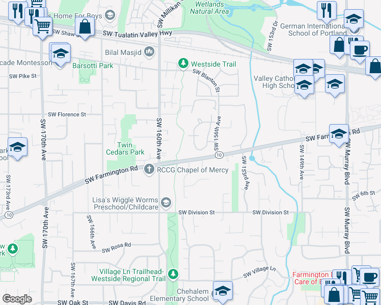 map of restaurants, bars, coffee shops, grocery stores, and more near 4777 Southwest Greensboro Way in Beaverton