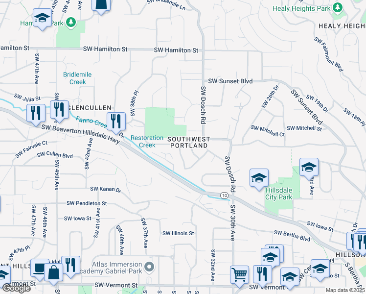 map of restaurants, bars, coffee shops, grocery stores, and more near 5324 Southwest 34th Place in Portland