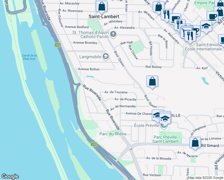 map of restaurants, bars, coffee shops, grocery stores, and more near 117 Avenue de Touraine in Saint-Lambert