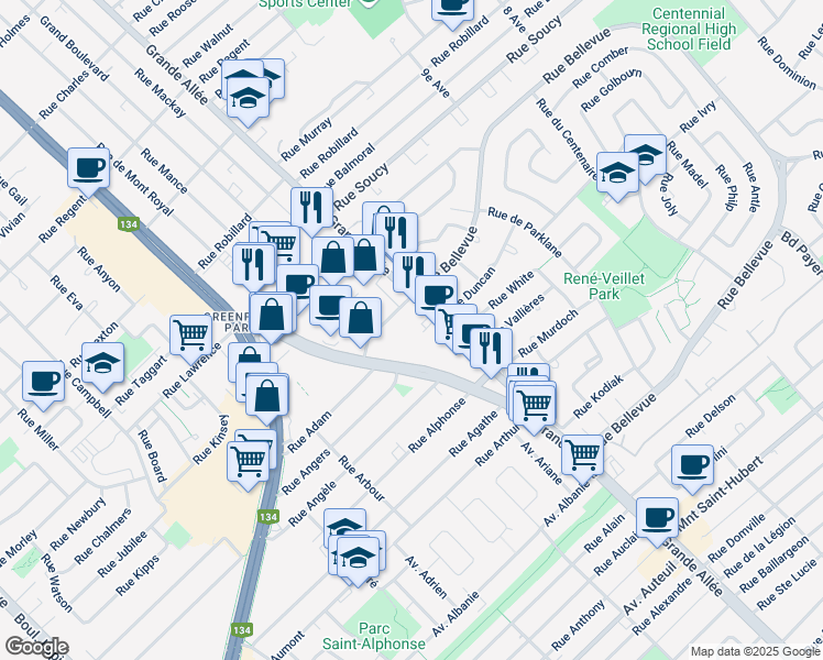 map of restaurants, bars, coffee shops, grocery stores, and more near 4565 Rue Auvergne in Brossard