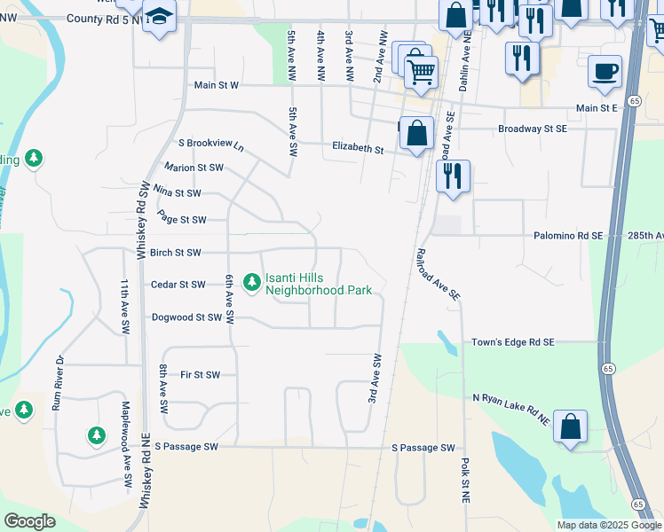 map of restaurants, bars, coffee shops, grocery stores, and more near 706 5th Avenue Southwest in Isanti