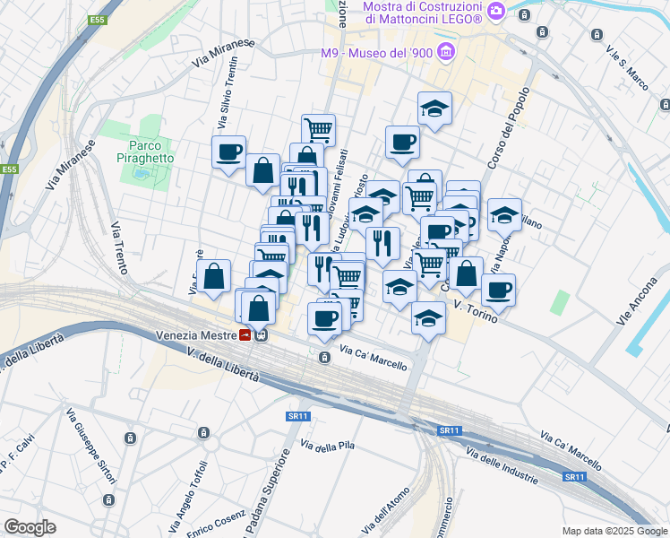 map of restaurants, bars, coffee shops, grocery stores, and more near 95 Via Dante in Venezia
