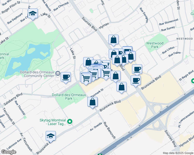 map of restaurants, bars, coffee shops, grocery stores, and more near 11688 Boulevard de Salaberry in Dollard-des-Ormeaux