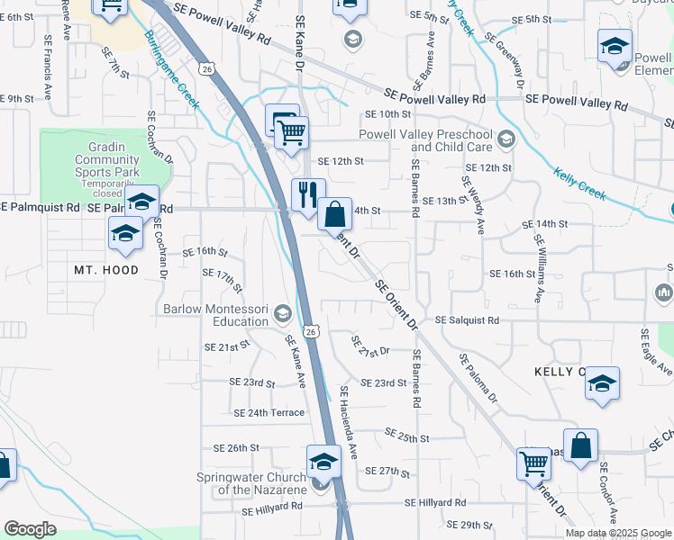 map of restaurants, bars, coffee shops, grocery stores, and more near 1717 Southeast Orient Drive in Gresham