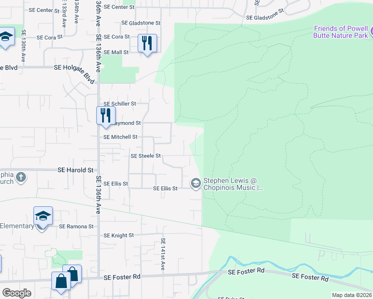 map of restaurants, bars, coffee shops, grocery stores, and more near 14450 Southeast Steele Street in Portland