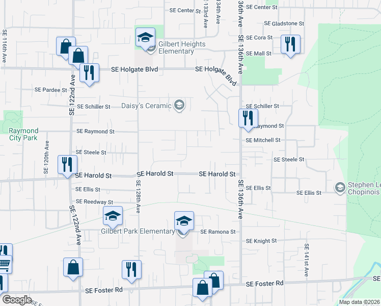 map of restaurants, bars, coffee shops, grocery stores, and more near 5234 Southeast 132nd Avenue in Portland