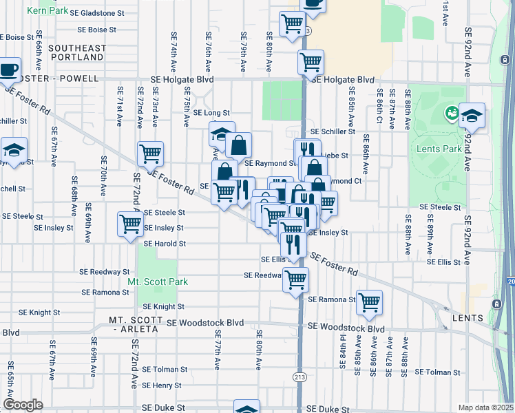 map of restaurants, bars, coffee shops, grocery stores, and more near 7936 Southeast Steele Street in Portland