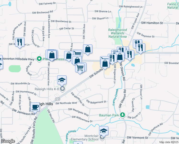 map of restaurants, bars, coffee shops, grocery stores, and more near 4929 Oregon 210 in Portland