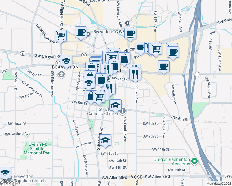 map of restaurants, bars, coffee shops, grocery stores, and more near 4820 Southwest Franklin Avenue in Beaverton