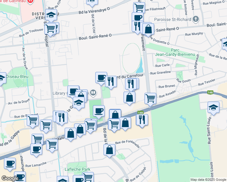 map of restaurants, bars, coffee shops, grocery stores, and more near 550 Boulevard de la Cité in Gatineau