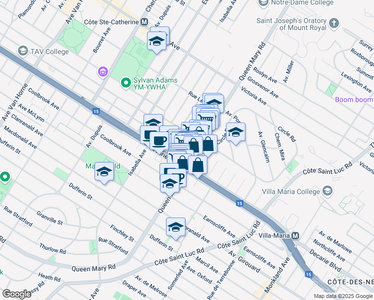 map of restaurants, bars, coffee shops, grocery stores, and more near 5115 Avenue Trans Island in Montreal