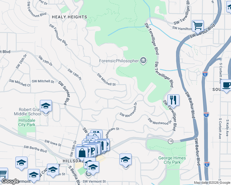 map of restaurants, bars, coffee shops, grocery stores, and more near 1727 Southwest Westwood Drive in Portland
